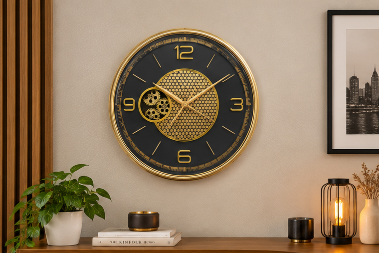 Luxury Black & Gold Wall Clock Gear Design