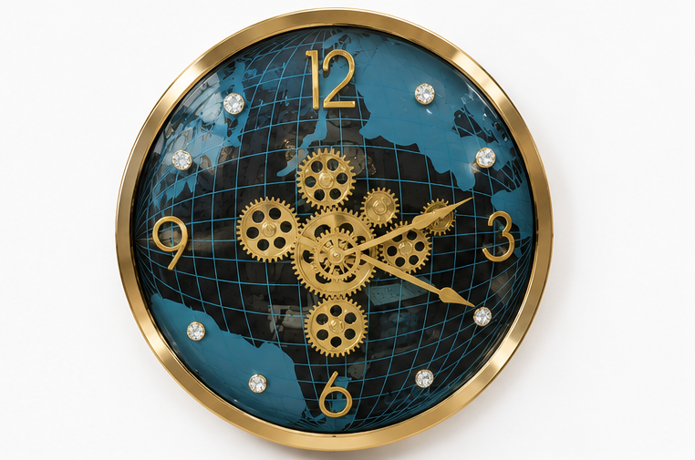 Blue & Gold Luxury Globe Design Clock with Exposed Gears