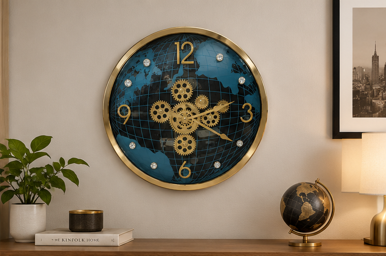 Blue & Gold Luxury Globe Design Clock with Exposed Gears