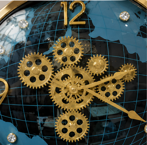 Blue & Gold Luxury Globe Design Clock with Exposed Gears