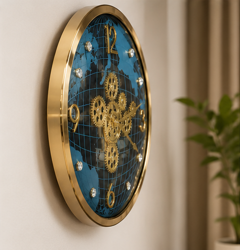 Blue & Gold Luxury Globe Design Clock with Exposed Gears