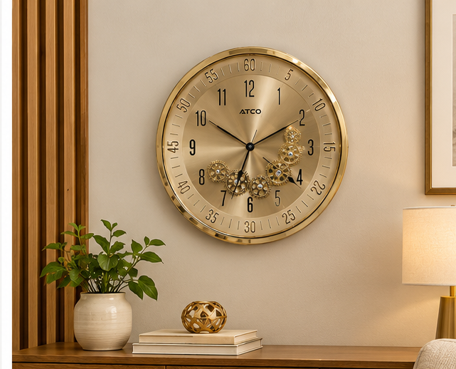 Gold Wall Clock Elegant Metallic Dial with Gear Design