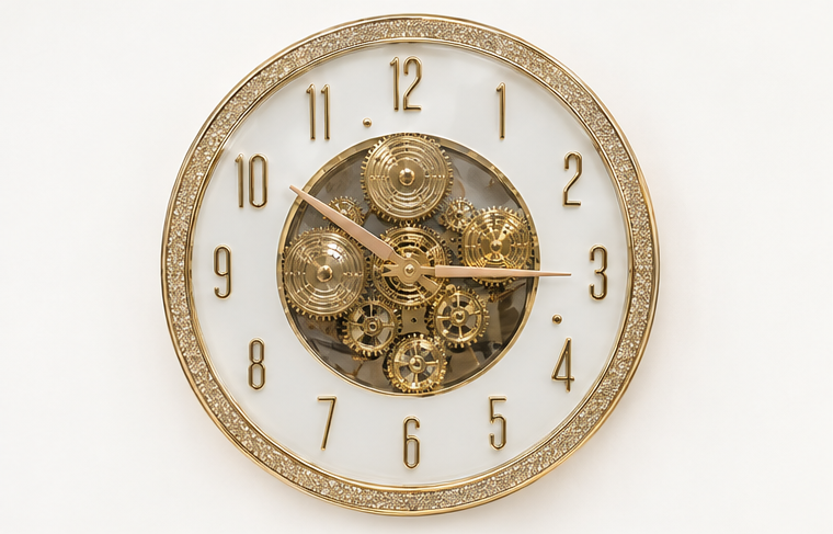 Luxury Gold White Dial with Glittering Gold Gear Wall Clock