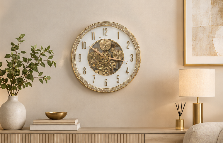 Luxury Gold White Dial with Glittering Gold Gear Wall Clock
