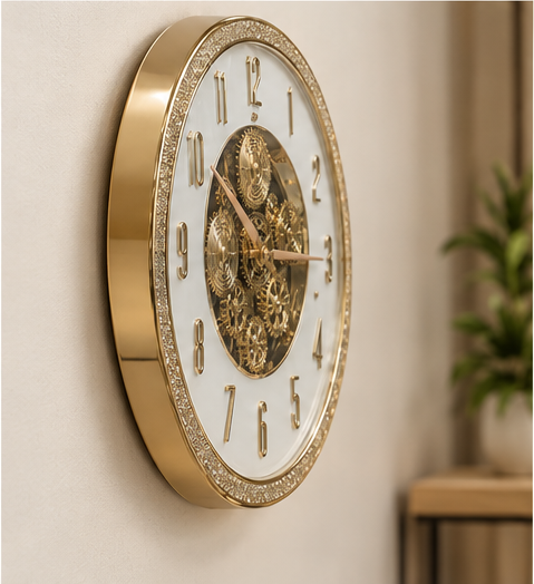 Luxury Gold White Dial with Glittering Gold Gear Wall Clock