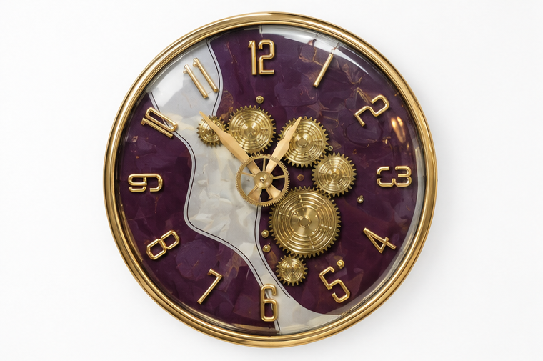 Luxury Purple & Gold Gear Wall Clock Marble-Effect
