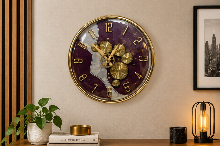 Luxury Purple & Gold Gear Wall Clock Marble-Effect