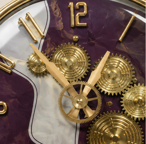 Luxury Purple & Gold Gear Wall Clock Marble-Effect