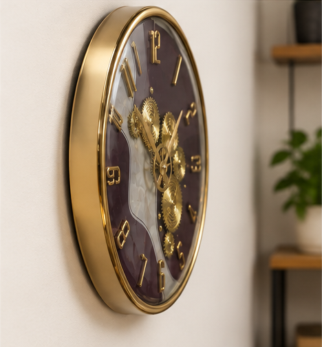 Luxury Purple & Gold Gear Wall Clock Marble-Effect